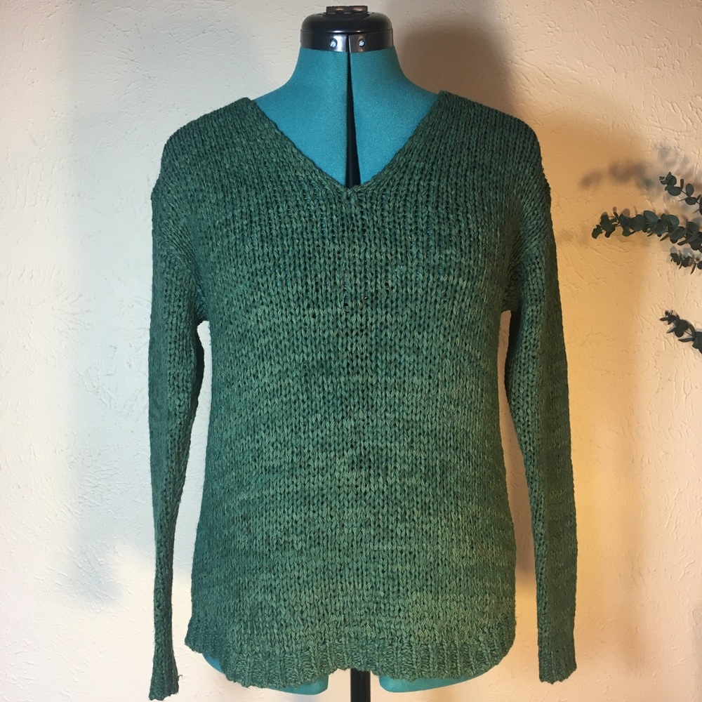 Green braided knit v-neck sweater